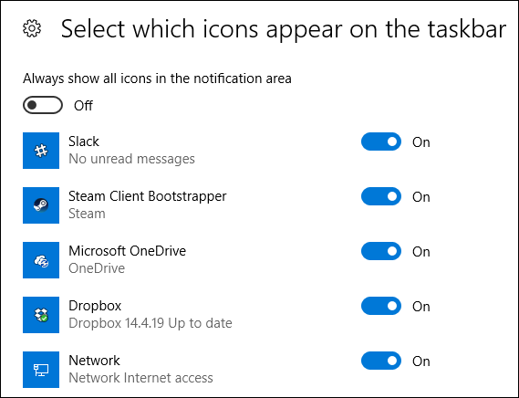 seleccionar qué iconos aparecen en la barra de tareas en la aplicación de configuración