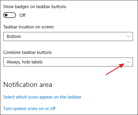 combinar botones de la barra de tareas en la configuración