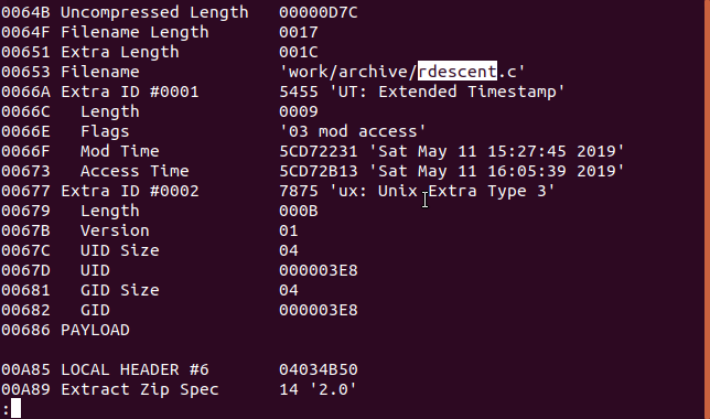 salida de zipdetails en una ventana de terminal