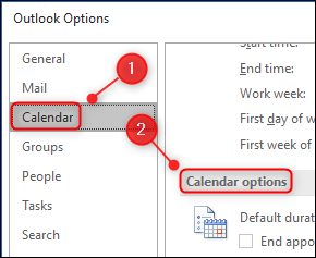 Configuración de "Opciones de calendario" de Outlook.