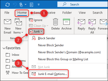 Opción de menú "Opciones de correo electrónico no deseado" de Outlook.
