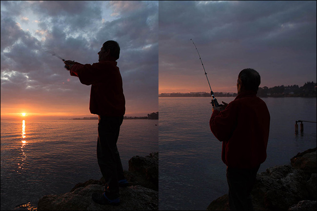 Dos imágenes de un hombre pescando al atardecer tomadas a diferentes distancias focales, pero con la misma cantidad de luz. 