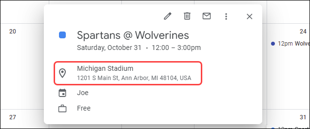 Una dirección en un evento de Google Calendar. 