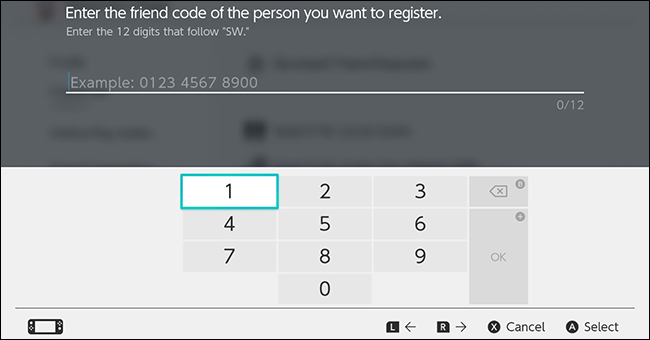 La pantalla de entrada del código de amigo de Nintendo Switch. 