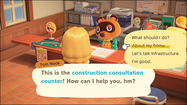 Un personaje en el mostrador de consultas de construcción en "Animal Crossing: New Horizons".
