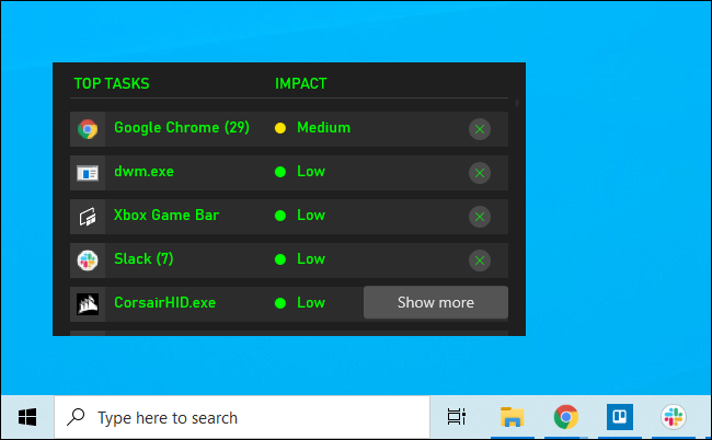 El widget de recursos de la barra de juegos de Xbox anclado en un escritorio de Windows 10