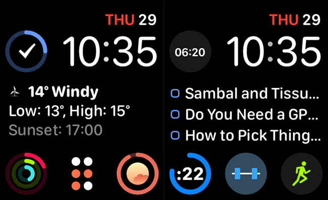 Dos esferas de reloj Infograph Modular, una con información de seguimiento del entrenamiento.