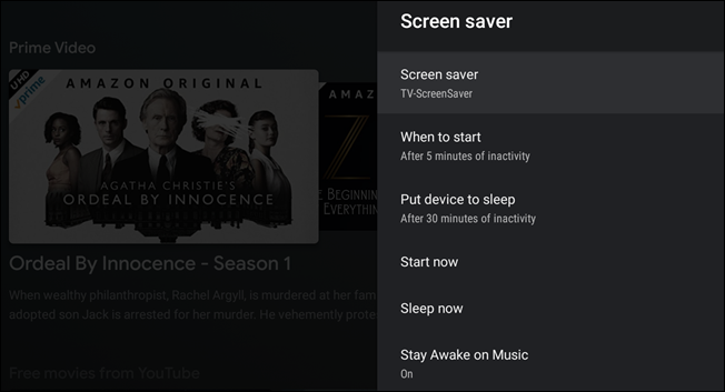 El menú de configuración "Screen Saver".