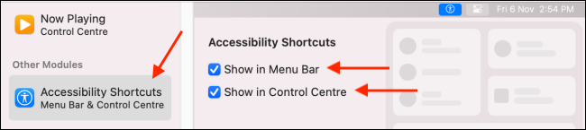 Agregar accesos directos de accesibilidad a la barra de menús y al Centro de control
