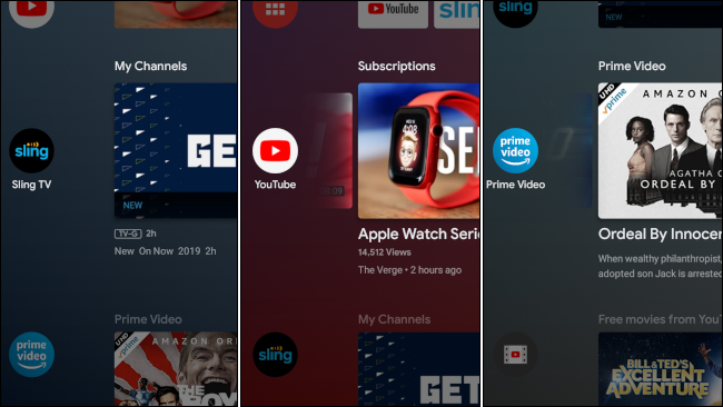 Tres pantallas de inicio de Android TV: una con un fondo azul oscuro, otra con un fondo rojo y otra con un fondo gris.
