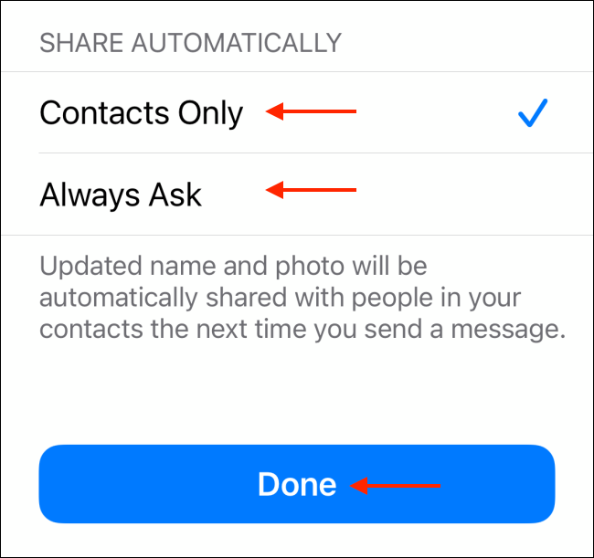 Elija la configuración para compartir para el perfil de iMessage