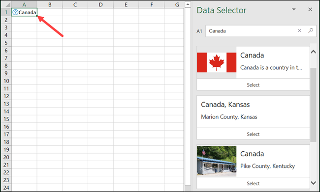 Canadá en el "Selector de datos" de Geografía de Excel.