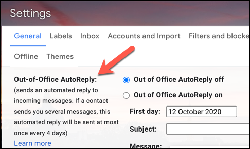 El área de configuración de Respuesta automática de Gmail, denominada "Respuesta automática fuera de la oficina" en una cuenta de Gmail del Reino Unido