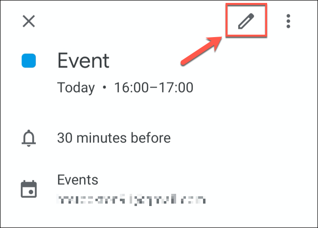 Toca el botón "Editar evento" para editar un evento de Google Calendar en dispositivos móviles.