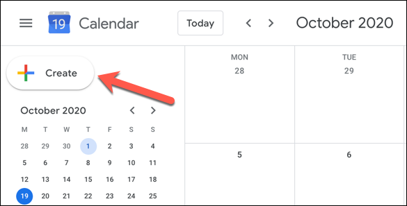 En la interfaz web de Google Calendar, haga clic en el botón "Crear" en la parte superior izquierda