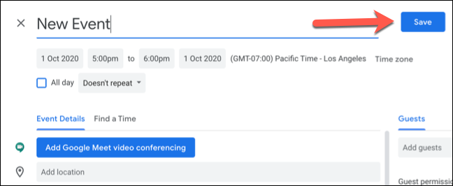 Haga clic en "Guardar" para guardar el nuevo evento de Google Calendar con zonas horarias personalizadas.