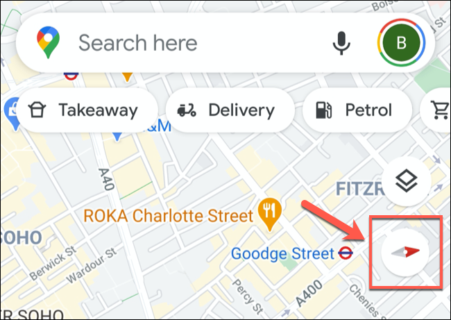 El icono de la brújula que muestra el norte y el sur en la aplicación móvil de Google Maps.