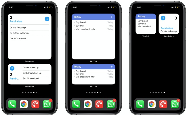 Los recordatorios y los widgets TickTick en tres iPhones.