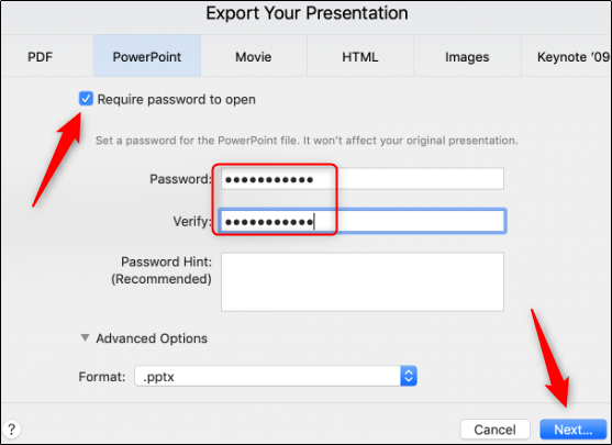 Haga clic en la casilla de verificación "Requerir contraseña para abrir", escriba y verifique una contraseña, cambie el "Formato:" y luego haga clic en Siguiente. 