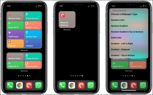 Accesos directos Widgets en tres iPhones.