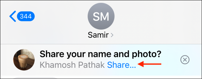 Toque Compartir para compartir foto y nombre en iMessage