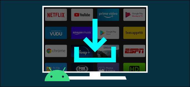 Un icono de flecha de descarga con un menú de Android TV en segundo plano.