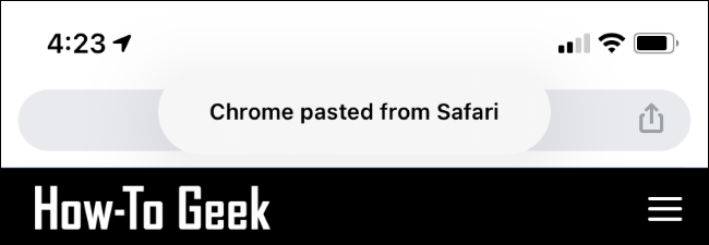 Un mensaje "Chrome pegado desde Safari" en el iPhone
