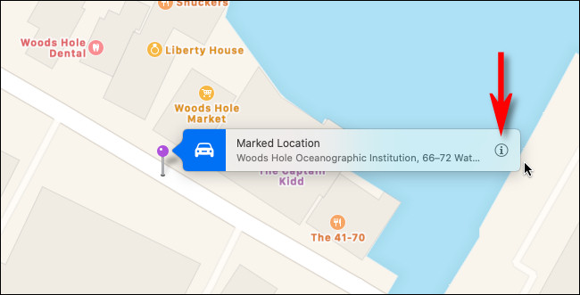 Coloque un pin en Apple Maps en Mac y haga clic en el botón "información".
