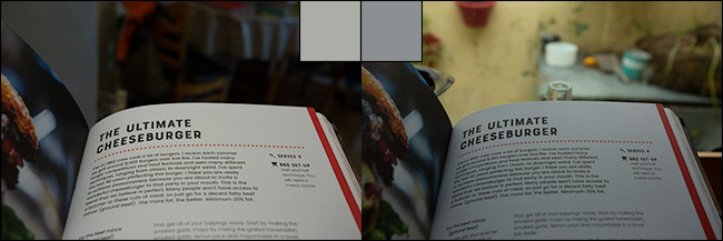 Dos imágenes de la misma página de un libro, antes y después de corregir el balance de blancos.