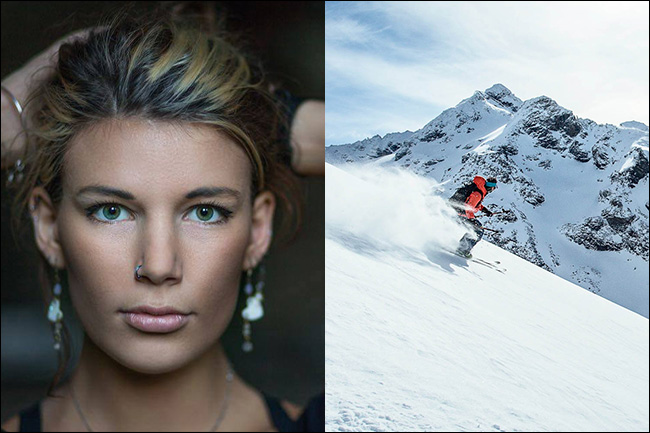 Un retrato de una mujer a la izquierda y un hombre esquiando por una montaña a la derecha. 