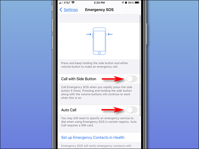 En la configuración de "Emergencia SOS" en el iPhone, desactive "Llamar con botón lateral" y "Llamada automática".