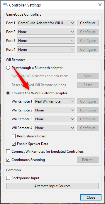 Selecciona "Emular el adaptador Bluetooth de Wii" y selecciona el mando de Wii.