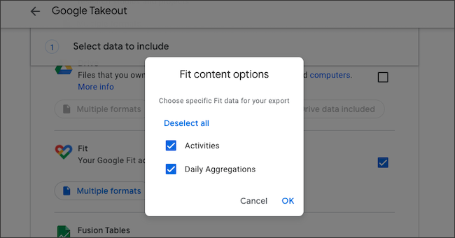 Opciones de exportación de datos de Google Fit
