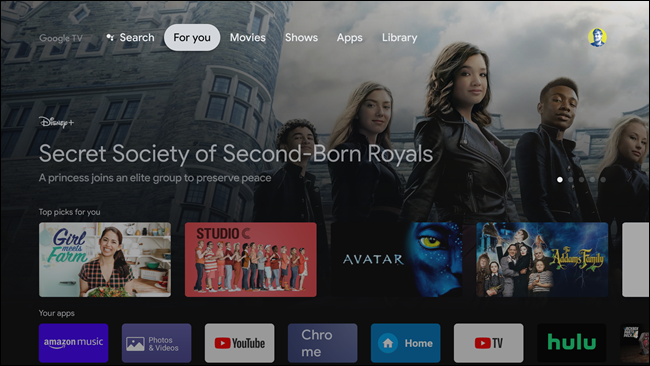 La pantalla de inicio de Google TV.