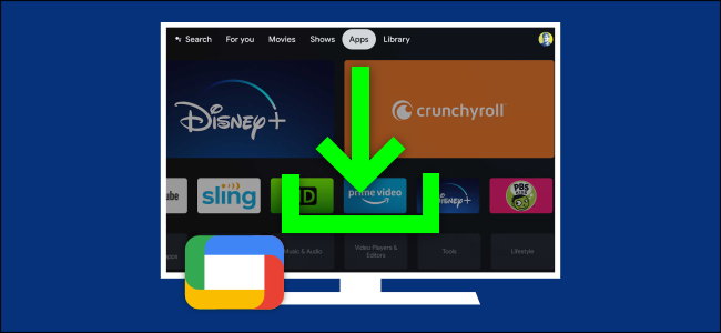 Un icono de descarga sobre una pantalla de "Aplicaciones" de Google TV.