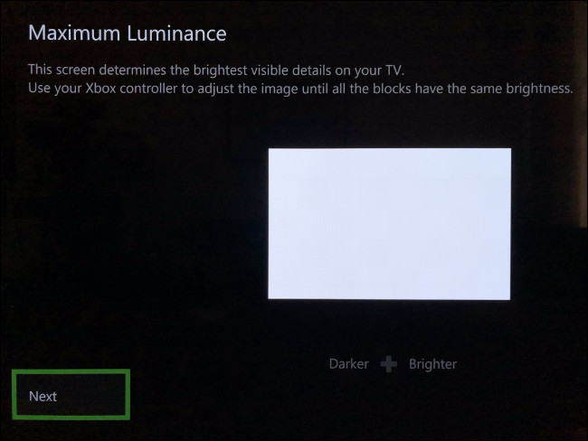 La sección "Luminancia máxima" de la calibración HDR para juegos en Xbox Series X y S.