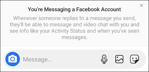 La ventana emergente "Estás enviando un mensaje a una cuenta de Facebook".