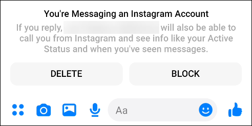La ventana emergente "Estás enviando mensajes a una cuenta de Instagram" en Facebook Messenger.