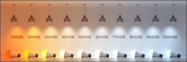 Una línea de bombillas que muestran temperaturas de luz de entre 1.000 y 10.000 grados Kelvin.