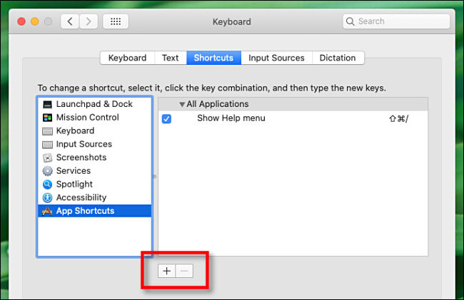 Haga clic en el signo más (+) para agregar un atajo de teclado.