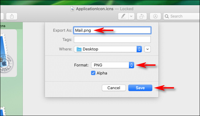 En el cuadro de diálogo Exportar en Vista previa en Mac, ingrese un nombre, destino y tipo de archivo.