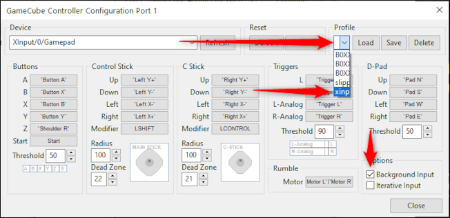 Seleccione "Xinput Gamecube", haga clic en "Cargar" y luego seleccione "Entrada de fondo".