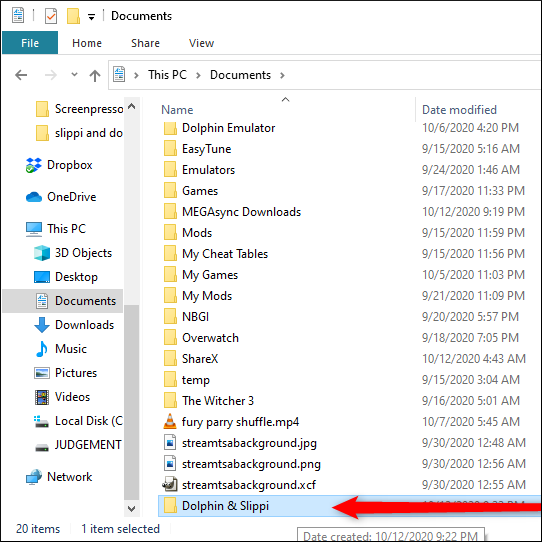 Una carpeta "Dolphin and Slippi" en la carpeta "Documentos" de una PC.