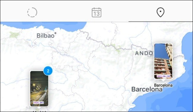 Dos historias de Instagram en diferentes ubicaciones de España en la vista de mapa.