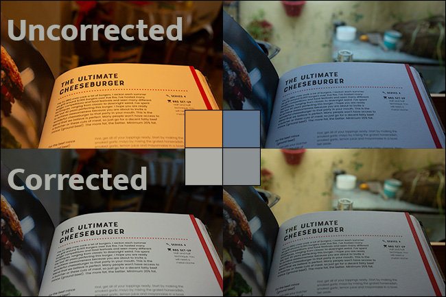 Cuatro tomas de la misma página en un libro que muestran diferentes niveles de balance de blancos.