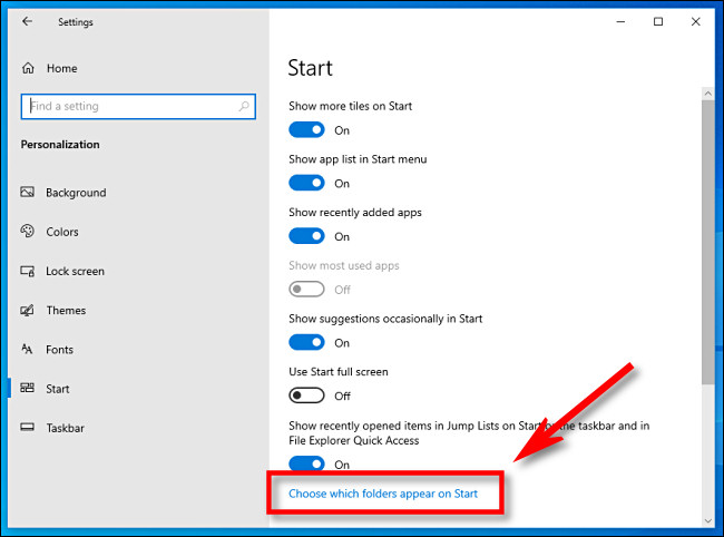 En la configuración de Windows, haga clic en "Elegir qué carpetas aparecen en Inicio".