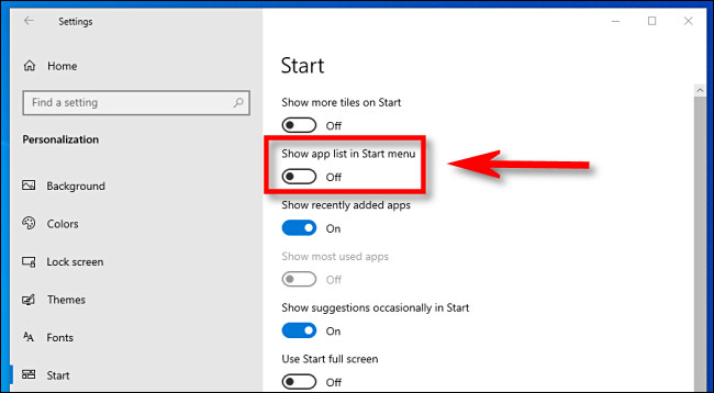 En la configuración de Windows 10, haga clic en el interruptor "Mostrar lista de aplicaciones en el menú Inicio" para desactivarlo.