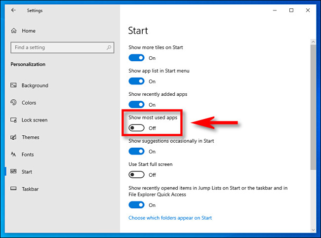 En la configuración de Windows 10, haga clic en el interruptor "Mostrar las aplicaciones más utilizadas" para desactivarlo.