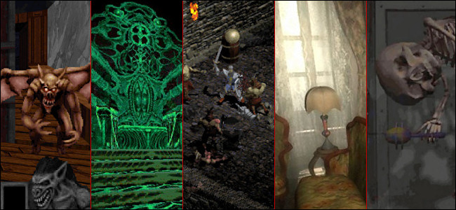 Cinco capturas de pantalla de "Zork Nemesis", "Diablo", "Blood: Fresh Supply", "Scratches" y "Realms of The Haunting".
