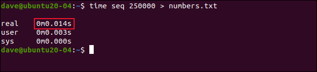 time seq 250000> numbers.txt en una ventana de terminal.